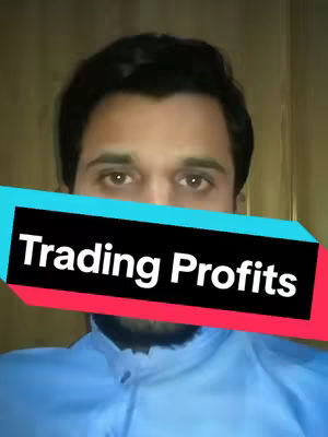 A man with dark hair and brown eyes is the primary focus, viewed from the chest up. He wears a light blue shirt against a beige background. Across his face, a banner reads "Trading Profits" in white letters, set against a black shape, underlined with a vibrant red, and a teal rectangle.