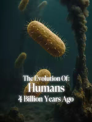 The image is a stylized, underwater scene. The primary focus is on several, large, yellowish, oval-shaped organisms with spiky appendages, resembling stylized bacteria. They are suspended in a dark teal or blue water with a slight gradient. In the background, there are darker, amorphous shapes, perhaps geological features or shadows. The overall composition is vertical, and it has a scientific or educational aesthetic.