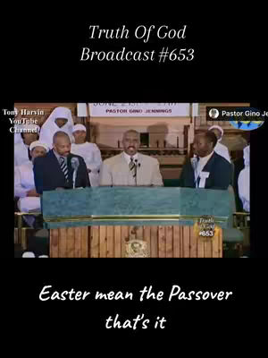 The cover image features a dark background with overlaid text. A video clip is playing with men on a stage, and a text overlay at the bottom states,"Easter mean the Passover that's it".