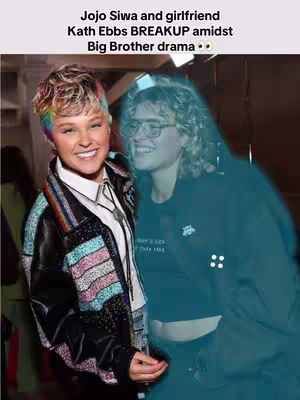 The cover image features two women standing side by side. The woman on the left is JoJo Siwa, recognizable by her signature hairstyle. She wears a colorful jacket and smiles at the camera. To her right, is another woman, shown partially blurred and in blue. Above them, text identifies them and the event (Kath Ebbs BREAKUP amidst Big Brother drama).