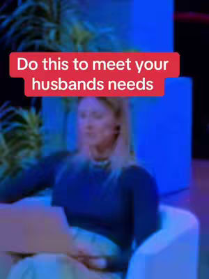 A woman with blonde hair sits in a white chair and holds a laptop. A red bar above her head contains the text: "Do this to meet your husbands needs."