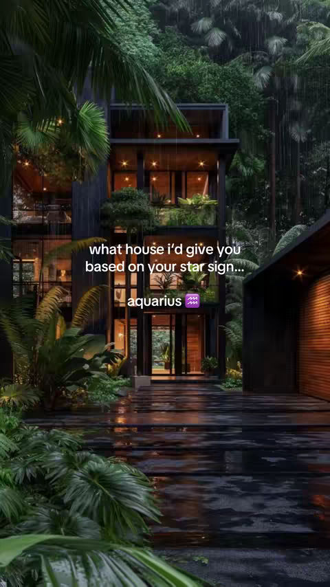 A modern, multi-story house surrounded by lush greenery. The house has dark grey walls and large glass windows, with lights shining from within. It is a rainy day, and the walkway and surrounding areas are wet, with reflections. The foreground features dense foliage and palm trees. Text overlays describe what kind of house the creator would give, based on the viewer's zodiac sign; specifically, it mentions "aquarius".