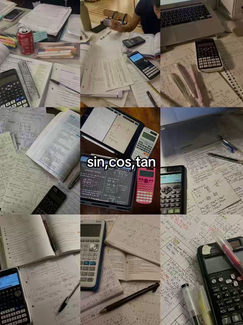 A collage-style cover image filled with items related to studying: notebooks open to handwritten equations, calculators, pens, and a can of soda. In the center, a digital tablet displays a math problem. The text overlay is placed atop the tablet image