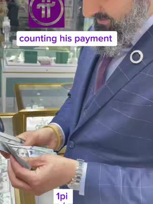 A man in a blue suit is counting a stack of cash in a jewelry store, with text boxes overlaid. The pi network logo is in the top corner overlaid.