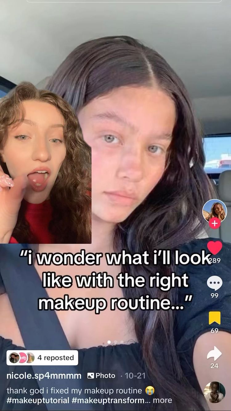 The cover image is a split screen and a text overlay. The left shows a young woman with a tongue poking out. The right shows another young woman in a focused pose. The text overlay presents a question about achieving a glow-up with the right makeup routine.