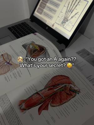 A cover image shows a desk with a laptop, medical textbooks, and handwritten notes. On the laptop screen, there's a diagram of a hand's bone structure. Open textbooks display detailed anatomical illustrations. A text overlay presents a question, "You got an A again?? What's your secret?"