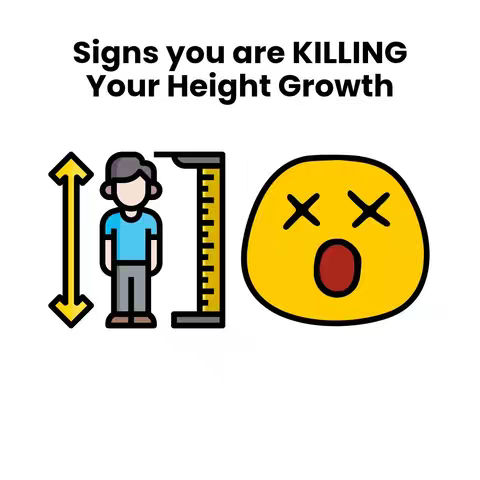 The image has a white background featuring an illustration about height. There are several elements: text at the top indicates the subject. The main visual elements include a person with a ruler on a side, an emoji representing someone who died and an arrow indicating height.
