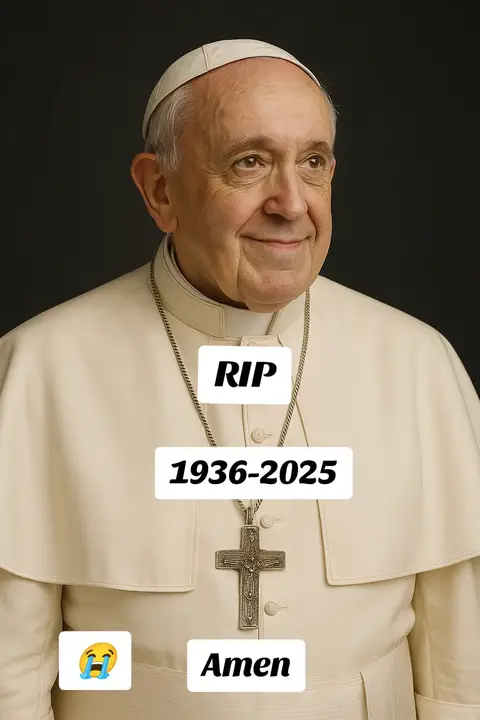 The image is a portrait of Pope Francis, with a somber expression, set against a dark background. The Pope is wearing his traditional white papal attire, including a white zucchetto and a white cassock with a matching cape. The image has text overlays in white blocks, with some black borders and fonts. There are also emoticons at the bottom left.