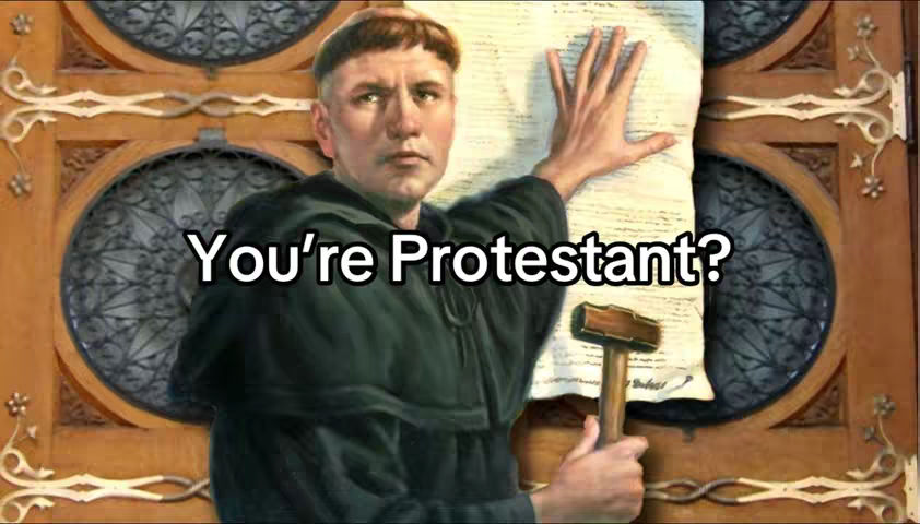 The cover image features a man in a dark tunic and cap presenting a paper or scroll on a backdrop of a detailed wooden door with a circular ornate pattern and an attached hammer. White text "You're Protestant?" is placed above his head. The color palette involves shades of brown, beige, and black.