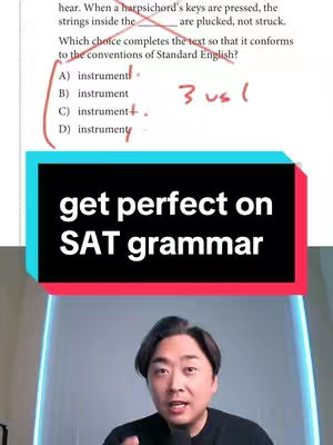 The cover image features a split-screen. Above, a portion of a grammar worksheet is visible, with handwritten annotations circling and underlining test answers next to the options. Below, a man with dark hair is speaking into a microphone, appearing to be the presenter of the educational content. The background features soft, blurred lighting.