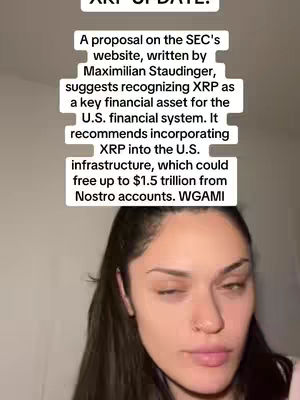 A woman with dark hair is centered in the image, looking down and to her right. Above her, a rectangular white box contains text about XRP. The background is a neutral, likely indoor setting.
