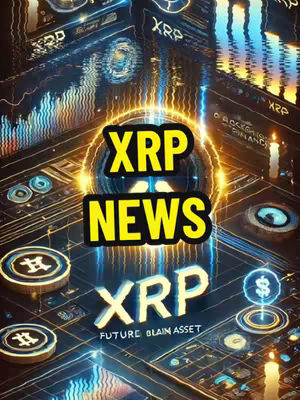The cover image features a stylized, futuristic background composed of interconnected lines and data display elements in shades of blue, yellow, and black. Overlayed on top, a bold, yellow-and-black outlined text banner declares 'XRP NEWS'. Below this, the text 'XRP' is again displayed, alongside 'FUTURE BLAIN ASSET'. Overall the layout conveys a sense of technological sophistication and financial analysis related to cryptocurrency.