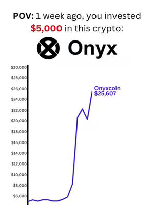 The image is a chart detailing the potential financial gains of investing in Onyxcoin. The top portion features text that reads "POV: 1 week ago, you invested $5,000 in this crypto:" with the Onyx coin logo and the word "Onyx". Below this is a line graph showing the fluctuating value of the crypto with a final price point of $25,607. The background is plain white.