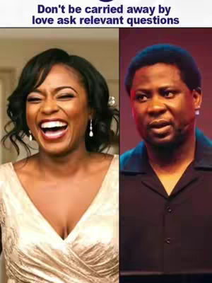 The cover image is split into two vertical sections. On the left, a woman with dark, curly hair is laughing, revealing her teeth, and wearing a light-colored, V-neck dress. On the right, a man with short, dark hair is looking at the camera with a serious expression. Above the image, there's text in a dark blue font.