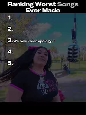 A woman with dark hair and pink bows stands in front of a microphone. The text overlay lists a ranking of 'Worst Songs Ever Made'.