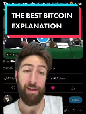 The cover image shows a man in front of a social media interface. A text overlay in a teal and red box reads "THE BEST BITCOIN EXPLANATION."