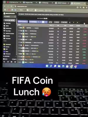 A screen capture of a laptop displaying a trading platform with numerical data, overlaid with white text and an emoji. A laptop keyboard is visible in the foreground.