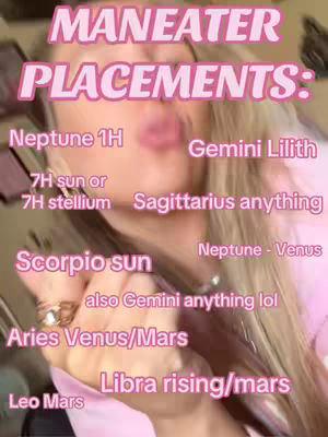 The cover image is a selfie featuring a person with blonde hair giving a kissy face. Text overlays in pink and hot pink fonts list astrological placements relevant to a particular personality description. The image is brightly lit.