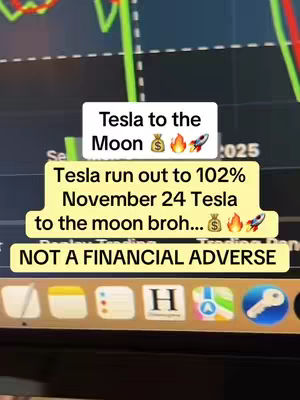 The image shows a computer screen displaying a stock chart, with overlaid text boxes in white and yellow. The text boxes state "Tesla to the Moon" with emojis. At the bottom of the screen are several app icons, suggesting a focus on finance or cryptocurrency.