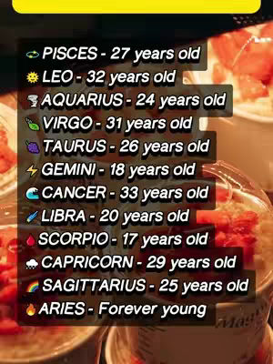 The cover image presents a list of zodiac signs with their corresponding ages, arranged on a background of what appears to be cups or containers. The text is overlaid and forms a vertical list.