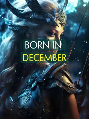 A fantasy artwork depicting a woman as a warrior or mythical figure. The woman has long, flowing white hair and wears an ornate headdress and armor. The background is a soft, blurred forest scene, and the text overlayed reads "BORN IN DECEMBER".