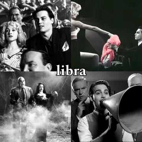 A collage in black and white featuring scenes from movies directed by Tim Burton. The word "libra" is overlaid in white, stylized text in the center. The image is divided into four quadrants, each with a scene from a Tim Burton film, with a crowd scene, an arm reaching out to a person in a suit with a pink cloth, a person looking into a foggy area with characters looking over, and a person using a megaphone. The overall mood is dark and stylized, consistent with Burton's visual aesthetic.