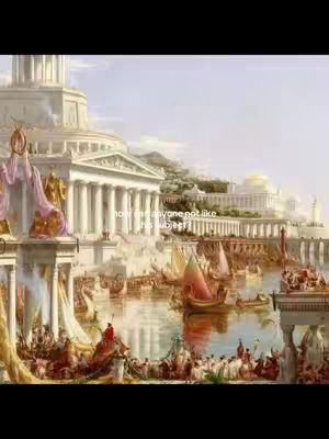 An artistic rendering of an ancient city on the water with numerous boats, buildings with columns and statues, and people, with text in the image.