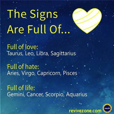 A graphic featuring a starry blue background with text overlay and a yellow heart. The text is organized in bullet points with different zodiac signs categorized based on their association with love, hate, or life.