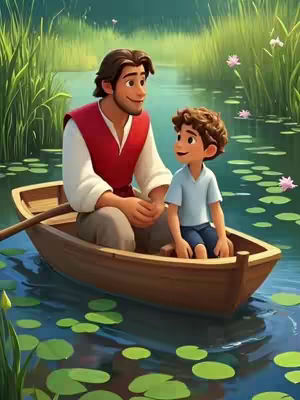 An illustrated depiction featuring a man and a young boy in a wooden boat on a calm body of water. The man, with brown hair and a red vest over a white shirt, is looking down and smiling. The boy, sporting curly brown hair and a light blue shirt, looks towards him with a slight smile, also. The boat is surrounded by water with lily pads and reeds in the background, with pink flowers scattered about, suggesting a peaceful, nature-filled environment.