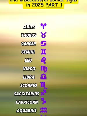 The image is a vertical graphic with a blurred background that transitions from green to light yellow. Several horizontal lines of text overlay this background, with the primary text centered and arranged vertically. The text includes zodiac sign names like Aries, Taurus, and Gemini, paired with corresponding astrological symbols. The text at the top reads, "and unsuccessful zodiac signs in 2025 PART 1."