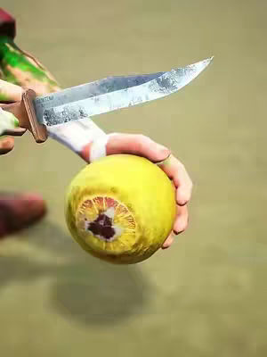 A close-up shot of a hand holding a yellow fruit, possibly a lemon, punctured with a large knife. The background is a blurred, neutral color. A hand holds the fruit. A large, sharp knife is aimed next to the fruit.