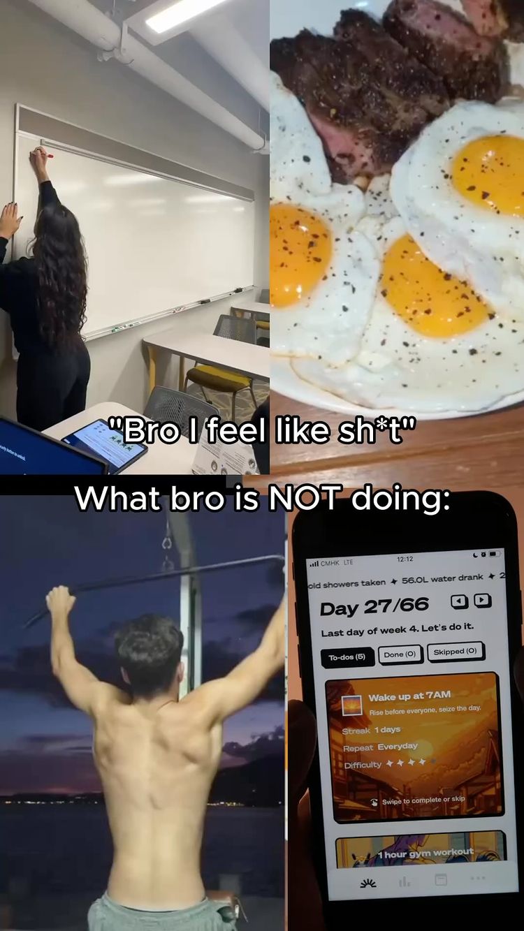 The image is a collage presenting a grid of four different snapshots. The top left shows a person at a whiteboard with a whiteboard marker with their back to the camera, the top right shows fried eggs and steak, the bottom left shows a man working out, the bottom right screen shows an app interface