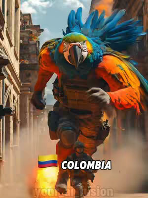An AI-generated image showing a giant figure that is half-human and half-parrot running towards the viewer.. The figure is wearing military gear and has blue, orange and green feathers. Behind the figure is a blurred cityscape, with the Colombian flag on the ground and the word COLOMBIA in a box below the flag.