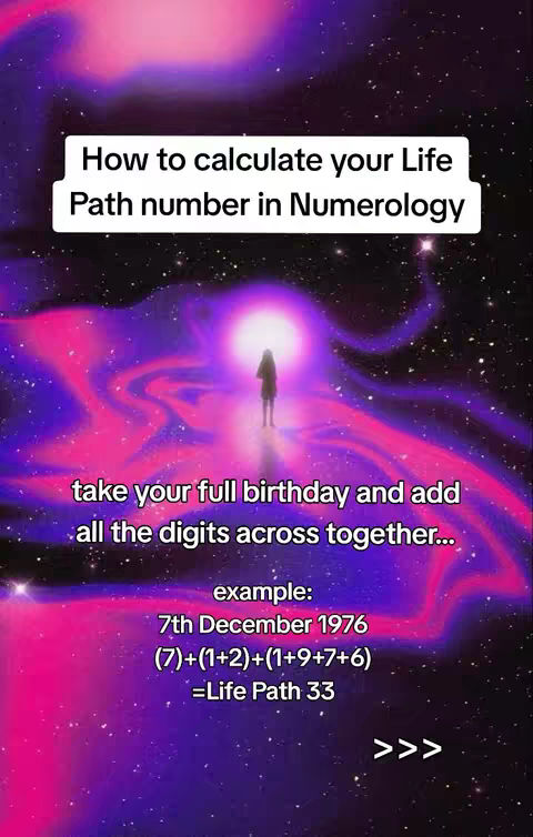 The image shows a cosmic background with swirling pink and purple nebulae, a silhouette of a person standing on a platform, and white text overlays providing instructions on how to calculate a Life Path number in numerology.