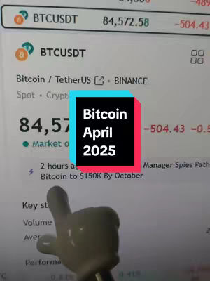 A screen displaying Bitcoin price data with a hand gesture overlayed in front and a text overlay in the middle. The screen shows the Bitcoin/TetherUS price, market data, and other financial information.