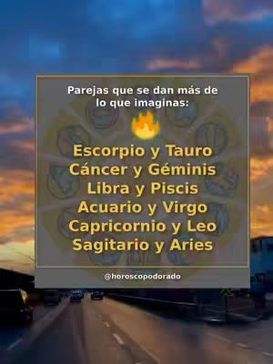 The cover image shows a blurred background of a road and sky with a large rectangle in the center. Inside the rectangle are pairs of zodiac signs with text in Spanish, framed with a decorative gold border. The background shows a sunrise or sunset, transitioning from orange to blue.