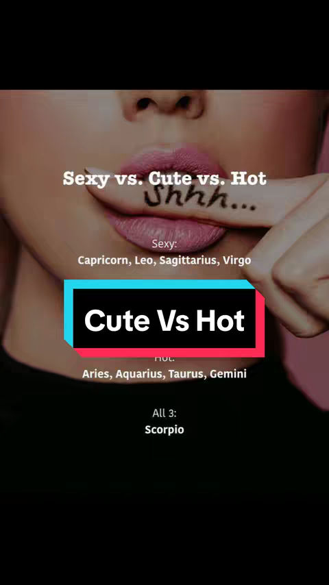 The image shows a close-up of a person's face, with a hand covering a portion of it. On the finger are the words "Shhh..." written in a bold font. Above, text reads "Sexy vs. Cute vs. Hot." Below are lists categorizing zodiac signs into these three categories, with the words "Cute Vs Hot" is in a centered blue box on top of a pink rectangle.