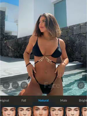 A woman in a black bikini stands in a pool, the background shows a white building and some plants. Text overlay is added.