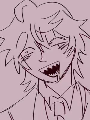 A hand-drawn image of a character with spiky hair, an open mouth revealing sharp teeth and a dribble of saliva. The character's eyes are wide, and they appear to be in a state of excitement or arousal. The color palette is minimalistic, using line art with a light pinkish background.