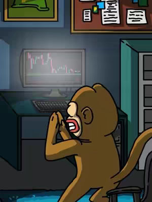 An illustration depicts a cartoon monkey, brown with a concerned expression, sitting in a room with a computer displaying a stock chart. The monkey has its hands clasped in prayer, with red accents in its mouth, and appears to be in distress. The room is dimly lit, with a desk, computer, and other furnishings suggesting an office or home workspace. 