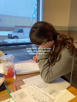 The cover image shows a young woman studying at a desk by a window overlooking a snowy outdoor scene. She is leaning towards some paperwork with her head resting on her hand and has her hair pulled back. On the desk are papers, pens, and a drink, suggesting a study environment.