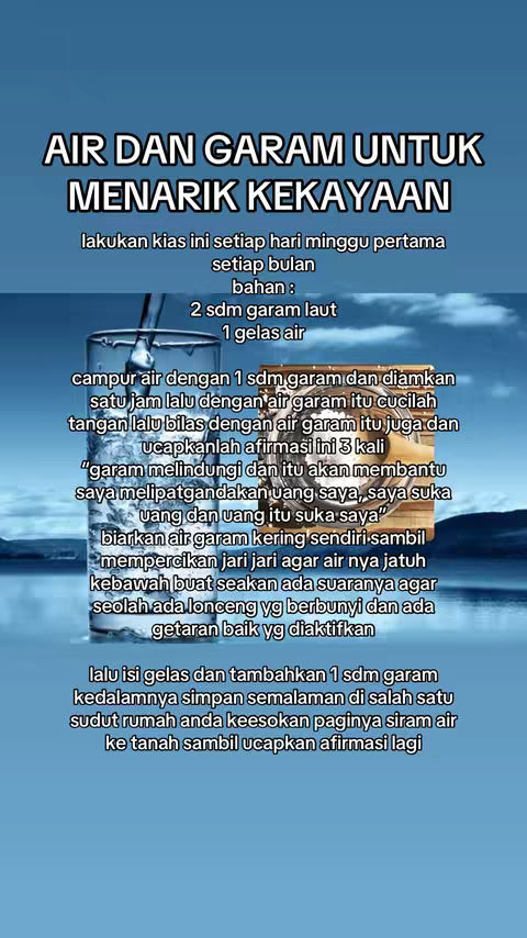 The cover image features a vertical layout with text overlayed on a light blue gradient background. The text, in white, is the main focus, with instructions for attracting wealth. A clear glass with a water stream is in the foreground.