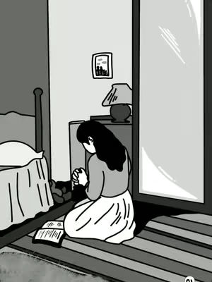 The cover image is a grayscale illustration depicting a woman kneeling in prayer near a bed. The woman, seen from the back, is focused on prayer with her hands clasped. There are visible elements like a bedside table with a lamp, a window or doorway, and a book open on the floor and a bed. The overall composition gives a sense of serenity and introspection.