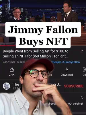 The image shows a split screen: the top half displays a still from a talk show featuring Jimmy Fallon and a guest, and the bottom half shows the creator, a man with glasses and a red cap, looking at the viewer.
