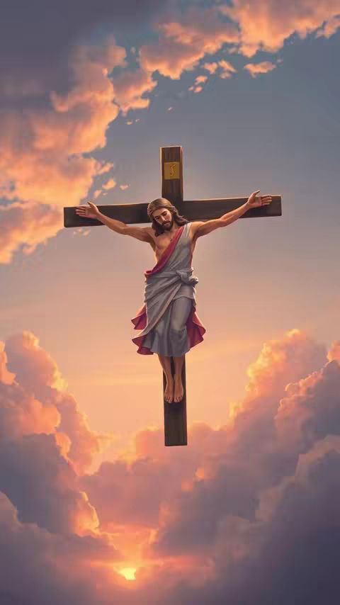 An artistic representation of Jesus Christ on the cross. Jesus is depicted with a golden crown or halo, a beard, and long hair, suspended on a wooden cross against a sky filled with dramatic clouds and a warm, golden light. The scene evokes a sense of reverence and sacrifice.