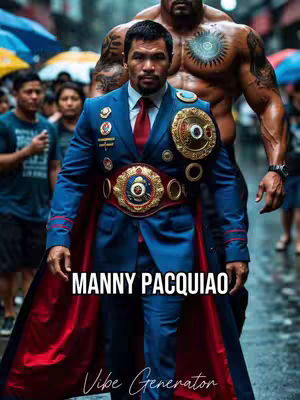 The cover image features Manny Pacquiao, dressed in a blue suit with red accents and championship belts. He stands in the rain against the backdrop of a crowd, with a large, muscular figure behind him.