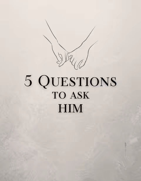 The image features a light-colored, textured background. In the upper center, a line drawing depicts two hands, with the index fingers of each hand interlocked in a pinky promise gesture. Below the hands, in a bold, sans-serif font, the text reads "5 QUESTIONS TO ASK HIM". The composition is simple, with the text centered against the neutral backdrop.