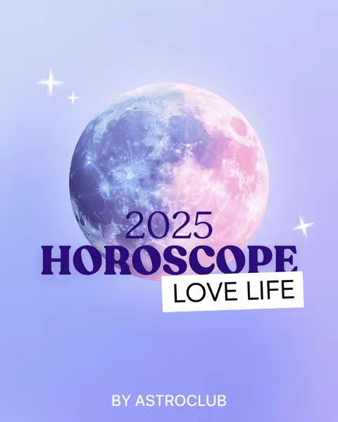 A celestial-themed graphic with a large, multi-colored moon dominating the center against a gradient purple and blue background. Below the moon, text elements read "2025 HOROSCOPE LOVE LIFE" in bold, dark purple and white against a white rectangle. The graphic includes a sparkling star element and text indicating the brand, "BY ASTROCLUB".