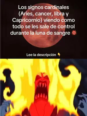 The image is divided into two sections. The top half shows a blood-red full moon against a dark background. Below, an animated figure, resembling Hades from Disney's Hercules, is depicted with fiery orange and yellow flames and an open mouth, suggesting an expression of rage or intense emotion.