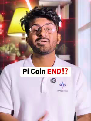 A man with glasses is centered in the frame, looking towards the camera. He is wearing a white collared shirt and has short, dark hair. Above his head is a text overlay with the question, "Pi Coin END!?". The background is softly blurred, showcasing a room with a lamp and bookshelves. Red light streaks emanate from the top left and right corners, adding dynamic elements to the visual composition.
